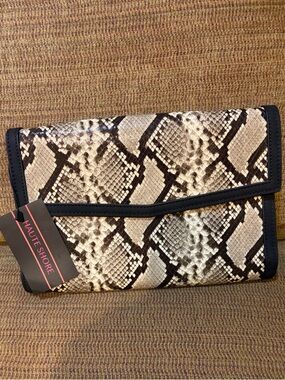 HAUTE SHORE Beth Fold-Over Clutch in Natural Python Print with Black Trim